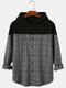 Mens Patchwork Check Button Up Long Sleeves Shirt Casual Hoodies - Grey