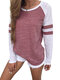 Striped Casual Patchwork O-neck Long Sleeve Plus Size T-shirt - Pink