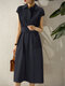 Solid Lapel Short Sleeve Casual Dress With Belt - Navy