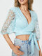Lace Solid Tie V-neck 3/4 Sleeve Crop Top For Women - Blue