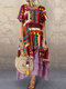 Ethnic Print Layered Short Sleeve Vintage Maxi Dress For Women - Purple