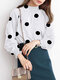 Dot Print Shirred Half-collar Long Sleeve Blouse - White