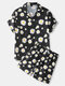 Mens Revere Collar Daisy Print Holiday Drawstring Shorts Two Pieces Outfits - Black