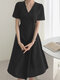 Solid Warp Button Front V-neck Short Sleeve Casual Dress - Black