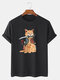 Mens Warrior Cat Graphic Japanese Style 100% Cotton Short Sleeve T-Shirts - Black