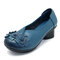 SOCOFY Leather Mid Heel Vintage Handmade Flower Original Soft Shoes - Blue