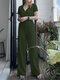 Women Solid Lapel Half Button Short Sleeve Casual Co-ords - Army Green