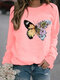 Butter Flower Print O-neck Long Sleeve Casual Sweatshirt For Women - Pink