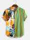 Men Plant & Leaf Striped Patchwork Casual Holiday Curved Hem Shirt - Yellow