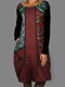 Ethnic Print Patchwork Long Sleeve Vintage Dress For Women - Wine Red