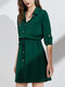 Solid Color Button Drawstring Knotted Lapel Collar Casual Dress - Green