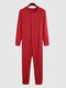 Pure Color Thin Soft Long Sleeve Jumpsuit Button Up Casual Homewear Sleep Onesies - Red