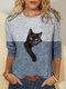 Contrast Color Cat Print Long Sleeve Casual T-shirt For Women - Blue