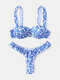Floral Thong Bikini Push Up Flounce Trim Front Bandage Swimsuit For Women - Blue