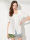 Solid Lace Stitch Button Square Collar Short Sleeve Blouse - White