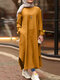 فستان كاجوال سادة اللون بجيوب جانبية منقوشة بكم طويل - الأصفر