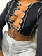 Patchwork Cross Straps Sexy Long Sleeve Crop Top For Women - Black