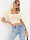 Solid Short Sleeve Square Collar Casual Crop Top - Apricot