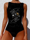 Women Starry Sky Hand Print High Neck Sleeveless One Piece Slimming Swimwear - Black2