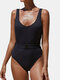 Women Belted One Piece Rib Solid Wide Straps Backless Sexy Swimwear - Black