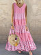 Горошек Пэчворк V-образным вырезом без рукавов Лето Plus Размер Платье - Розовый