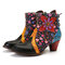 SOCOFY Retro Leaf Flower Leather Comfy Zipper High Heel Ankle Boots - Black