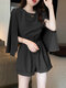 Solid Slit Sleeve High Waist Rolled Hem Two Pieces Suit - Black