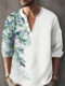 Mens Plant Leaf Print Texture Long Sleeve Henley Shirts - White