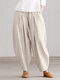Women Solid Pleated Cotton Casual Elastic Waist Pants - Apricot