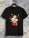 Camisetas masculinas Cartoon Coração Cat Print com gola redonda e manga curta - Preto