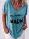 Cartoon Cat Printed Short Sleeve V-neck T-shirt For Women - Blue