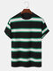 Mens Wide Striped Crew Neck Cotton Loose Short Sleeve T-Shirts - Green