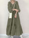 Solid Tiered Pleated V-Neck Casual Puff Sleeve Dress - Army Green