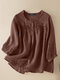 Solid Button Front Ruched 3/4 Sleeve Blouse For Women - Brown