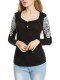 Women Long Sleeve O Neck Lace Crochet Button Casual T-shirt - Black