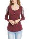 Women Long Sleeve O Neck Lace Crochet Button Casual T-shirt - Wine Red