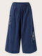 Plus Size Embroidered Elastic Waist Pocket Wide-leg Pants - Navy