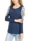 Women Long Sleeve O Neck Lace Crochet Button Casual T-shirt - Navy