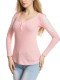 Women Long Sleeve O Neck Lace Crochet Button Casual T-shirt - Pink