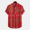 Mens Ethnic Style Printed Floral Loose Short Sleeve 100% Cotton Henley Shirt - Red