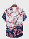 Mens Japanese Cherry Blossoms Ombre Print Lapel Short Sleeve Shirts - White