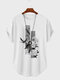 Camisetas de manga corta con dobladillo curvado y estampado de pájaros florales chinos para hombre - Blanco