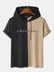 Mens Japanese Print Two Tone Patchwork Short Sleeve Hooded T-Shirts - Khaki
