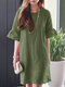 Robe à manches volantées en coton pour femmes, couleur unie, col rond - armée verte