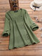 Lace Patchwork Button Long Sleeve Plus Size Cotton Blouse - Green