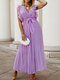 Solid Pleated Belt Ruffle Sleeve V-neck Chiffon Maxi Dress - Purple