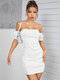 Solid Backless Folds Off The Shoulder Puff Sleeve Sexy Dress - White