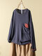 Patchwork Loose O-Neck Long Sleeve Blouse With Pocket - Blue