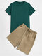 Mens Solid Color Preppy Short Sleeve Crew Neck Two Piece Outfits - Green