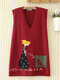 Cartoon Print V-neck Casual Sweater Waistcoat Vest For Women - Red